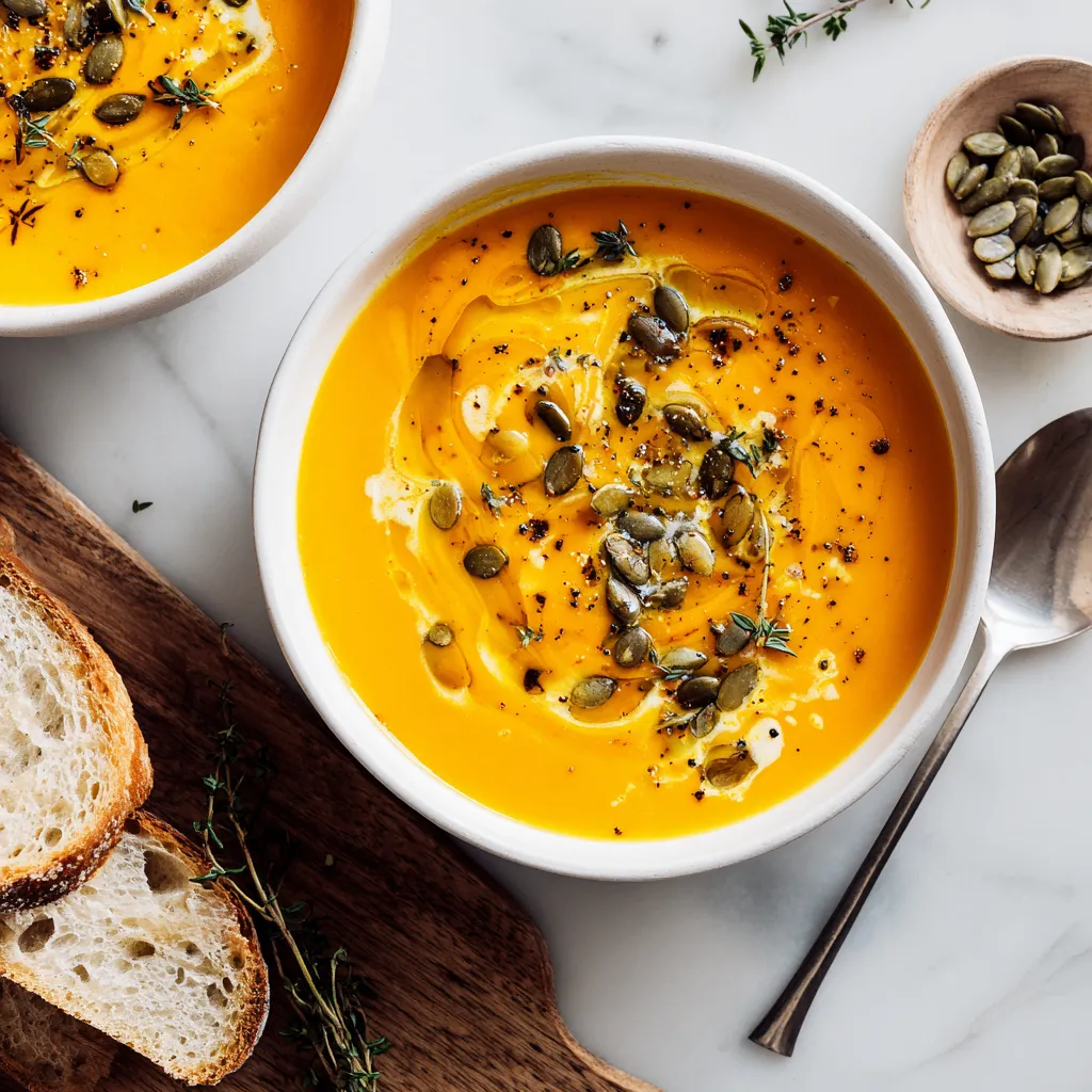 A warm bowl of dairy-free butternut squash and pear soup garnished with toasted pumpkin seeds, embodying seasonal flavors perfect for autumn.