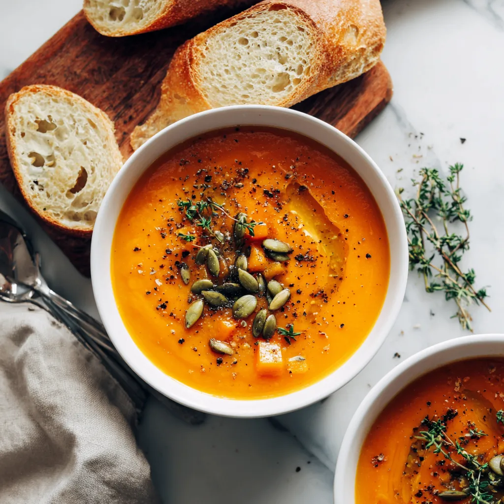 A warm bowl of dairy-free butternut squash and pear soup garnished with toasted pumpkin seeds, embodying seasonal flavors perfect for autumn.