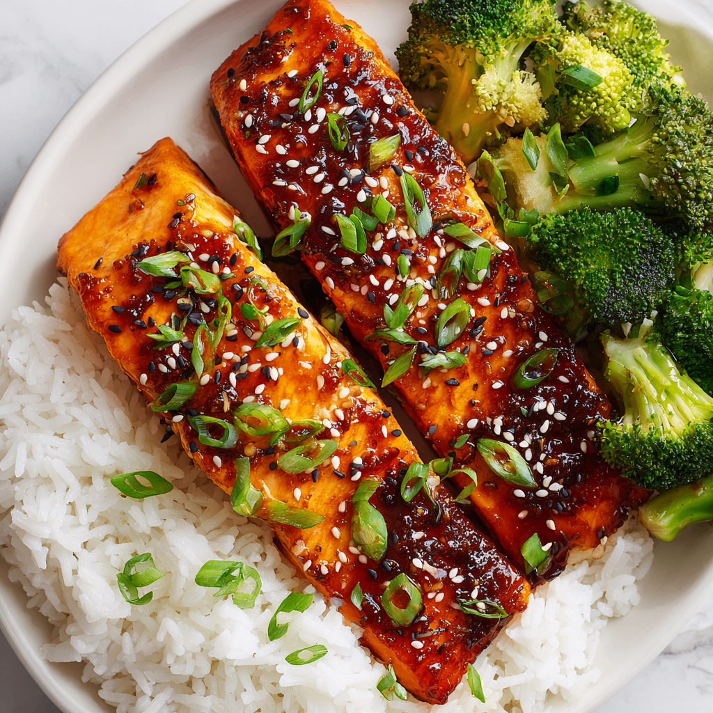 Air fryer teriyaki salmon fillets garnished with sesame seeds and green onions, served with steamed rice for a quick, healthy meal.