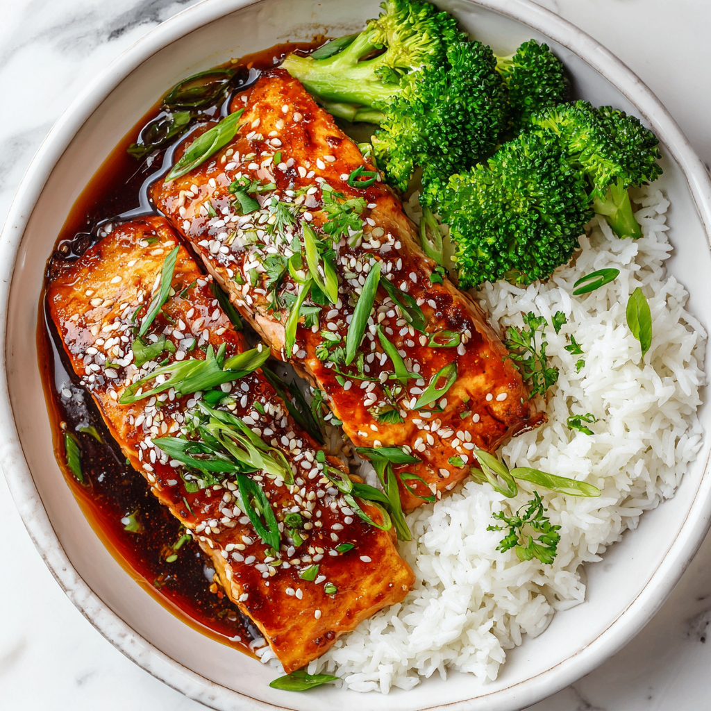 Air fryer teriyaki salmon fillets garnished with sesame seeds and green onions, served with steamed rice for a quick, healthy meal.