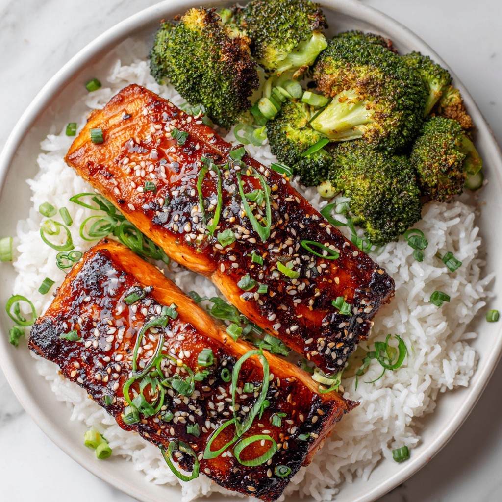 Air fryer teriyaki salmon fillets garnished with sesame seeds and green onions, served with steamed rice for a quick, healthy meal.