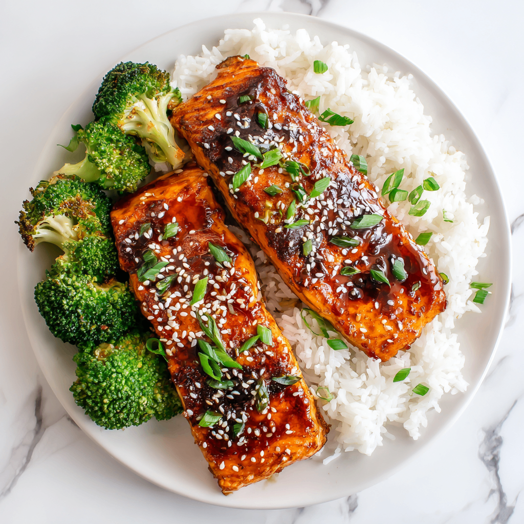 Air fryer teriyaki salmon fillets garnished with sesame seeds and green onions, served with steamed rice for a quick, healthy meal.