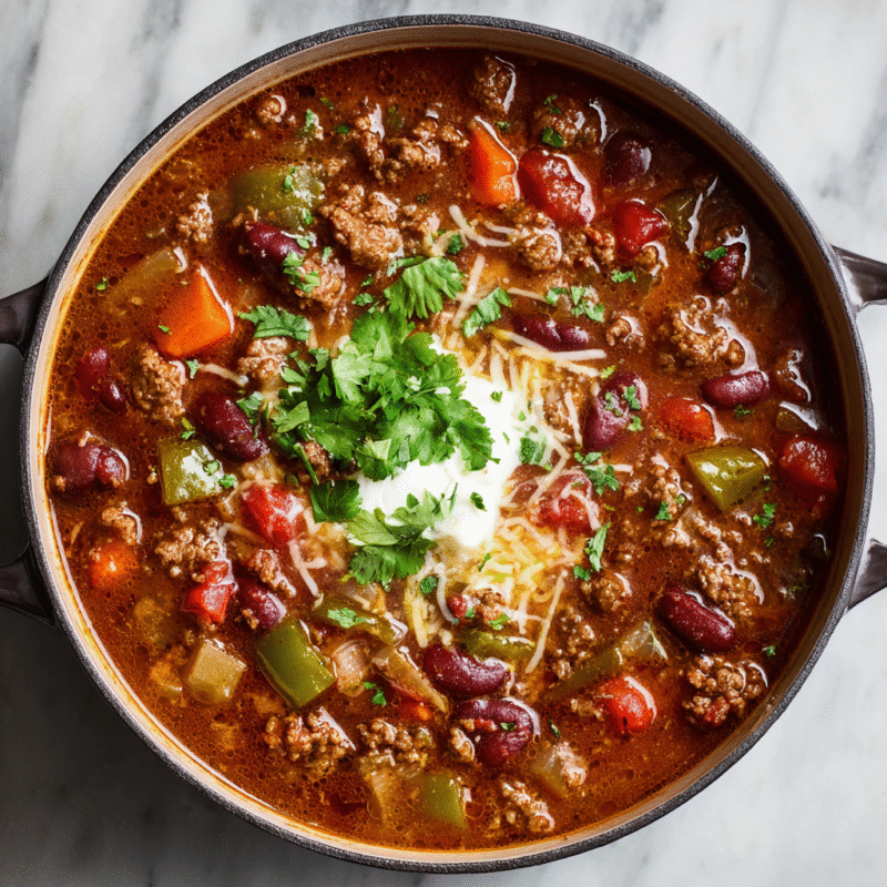 Bowl of hearty Texas Cowboy Stew with ground beef, vegetables, and spices, ideal for cold autumn evenings.