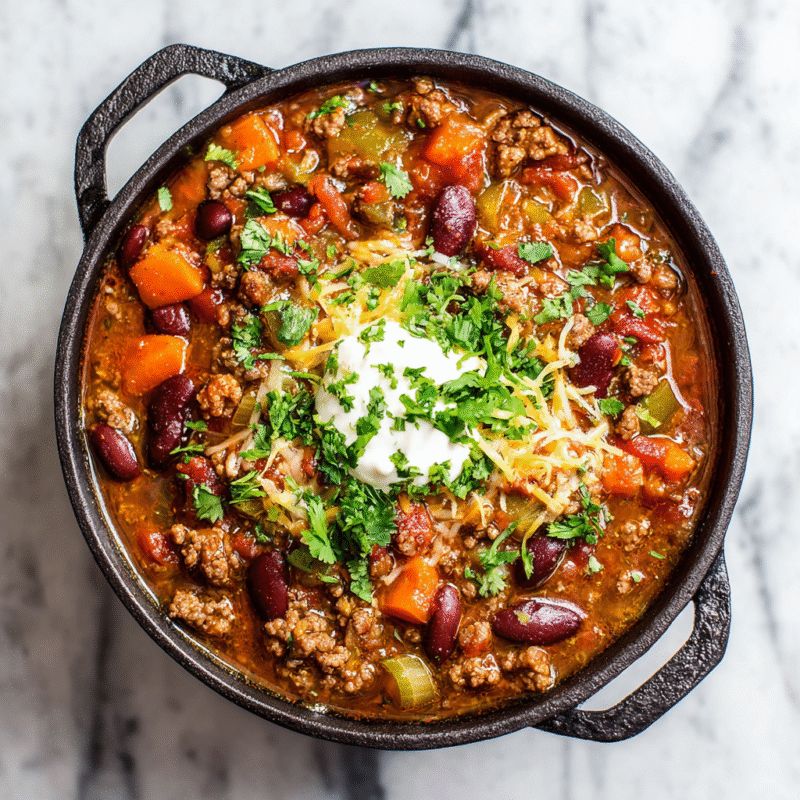 Bowl of hearty Texas Cowboy Stew with ground beef, vegetables, and spices, ideal for cold autumn evenings.