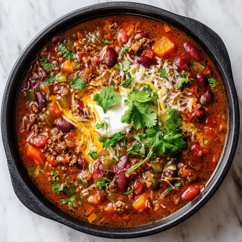 Bowl of hearty Texas Cowboy Stew with ground beef, vegetables, and spices, ideal for cold autumn evenings.