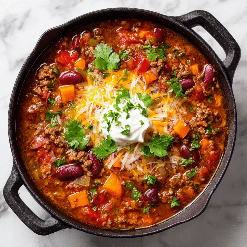 Bowl of hearty Texas Cowboy Stew with ground beef, vegetables, and spices, ideal for cold autumn evenings.