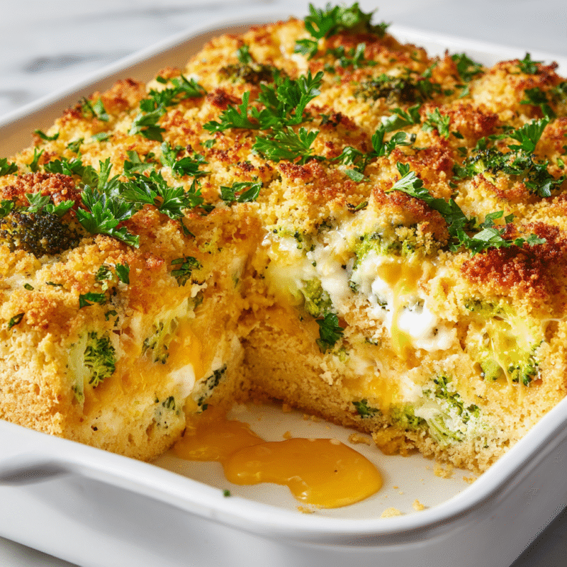 Creamy Chicken Divan casserole with chicken and broccoli, perfect for family gatherings and holidays