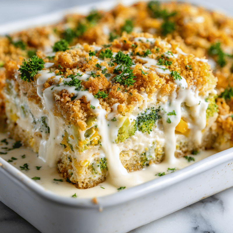 Creamy Chicken Divan casserole with chicken and broccoli, perfect for family gatherings and holidays