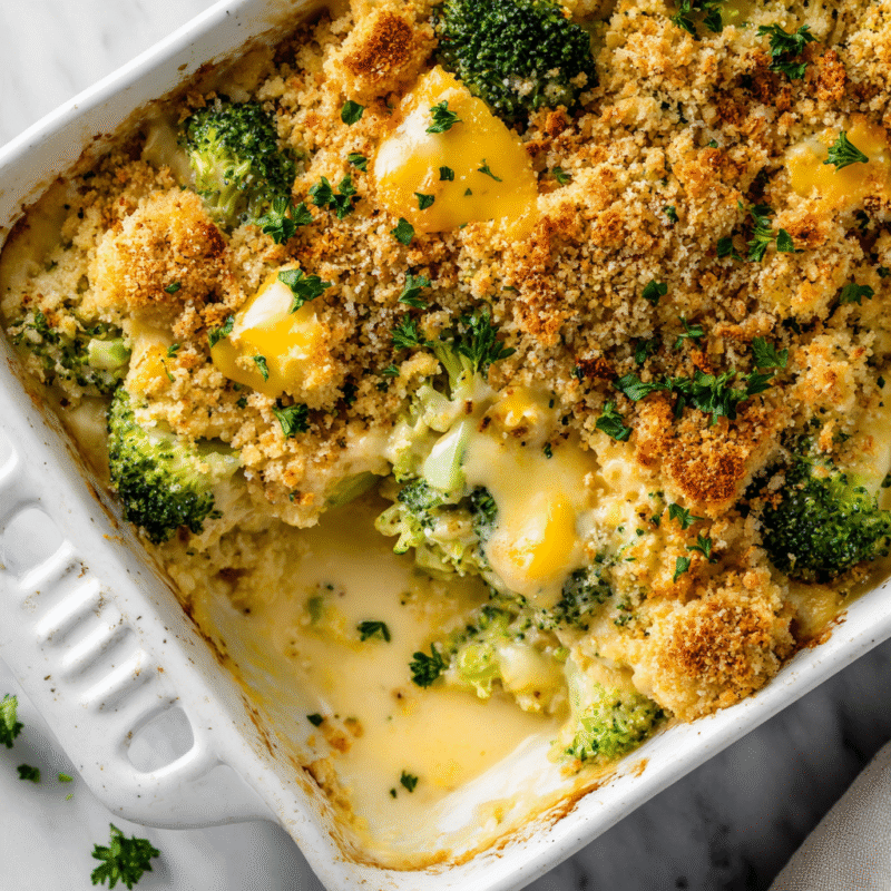 Creamy Chicken Divan casserole with chicken and broccoli, perfect for family gatherings and holidays