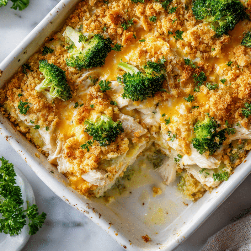 Creamy Chicken Divan casserole with chicken and broccoli, perfect for family gatherings and holidays