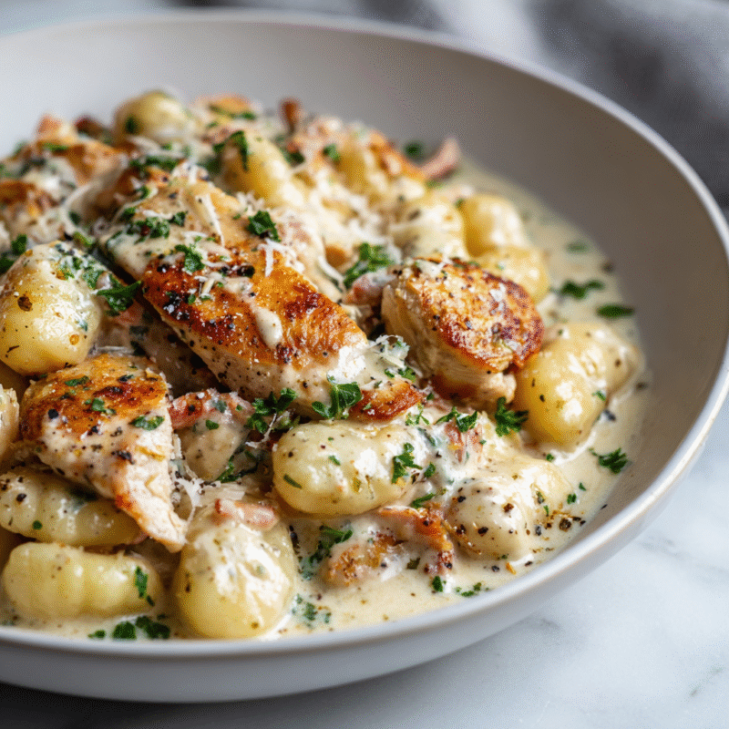 Creamy Chicken and Gnocchi served in a bowl, showcasing savory chicken and pillowy gnocchi in a rich creamy sauce.