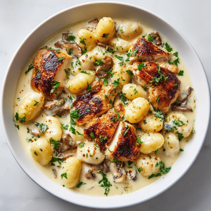 Creamy Chicken and Gnocchi served in a bowl, showcasing savory chicken and pillowy gnocchi in a rich creamy sauce.