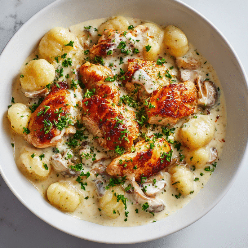 Creamy Chicken and Gnocchi served in a bowl, showcasing savory chicken and pillowy gnocchi in a rich creamy sauce.