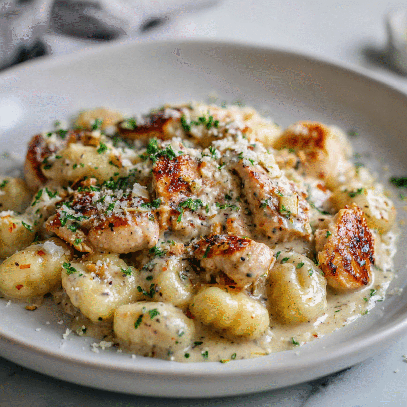 Creamy Chicken and Gnocchi served in a bowl, showcasing savory chicken and pillowy gnocchi in a rich creamy sauce.