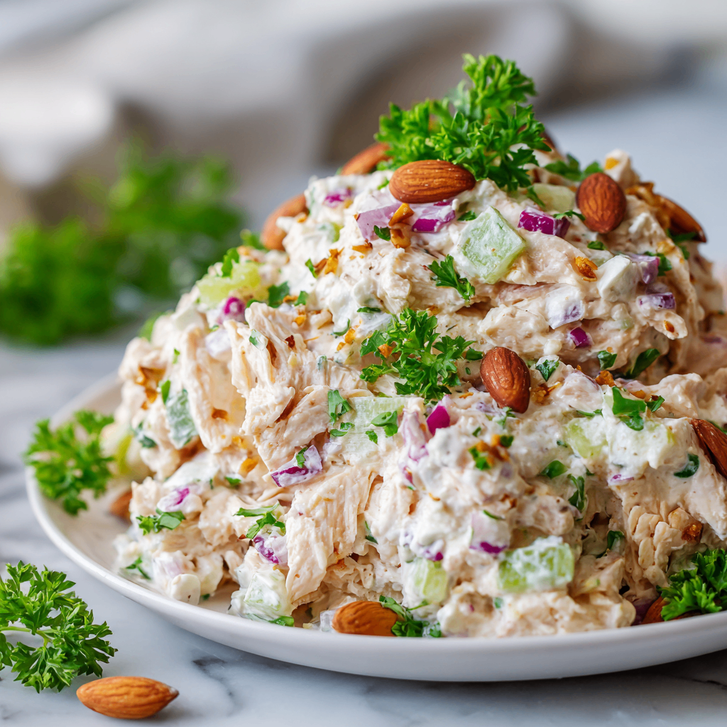 Creamy Cottage Cheese Chicken Salad served in a bowl, featuring shredded chicken, fresh vegetables, and garnished with herbs. Perfect for holiday gatherings!