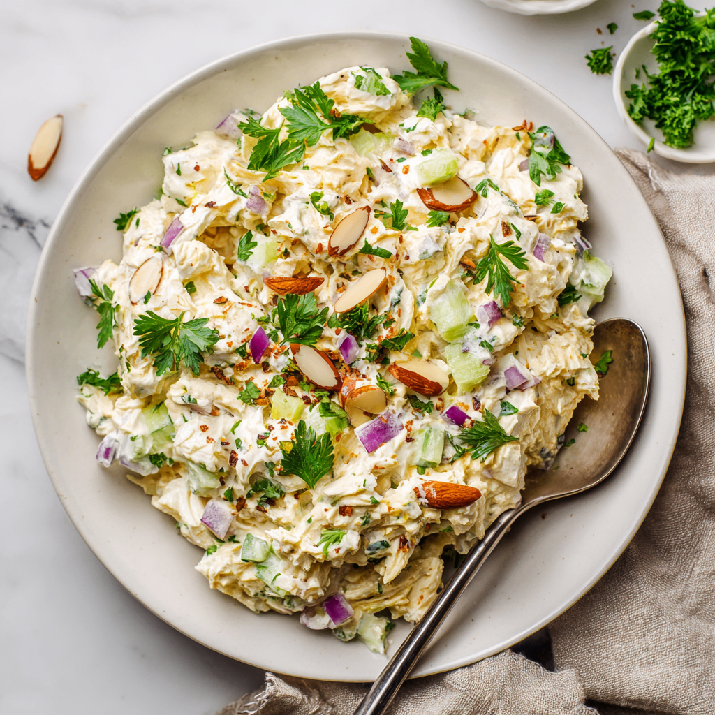 Creamy Cottage Cheese Chicken Salad served in a bowl, featuring shredded chicken, fresh vegetables, and garnished with herbs. Perfect for holiday gatherings!