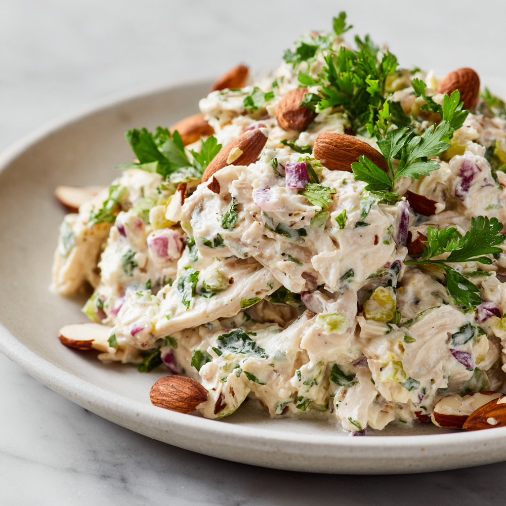 Creamy Cottage Cheese Chicken Salad served in a bowl, featuring shredded chicken, fresh vegetables, and garnished with herbs. Perfect for holiday gatherings!