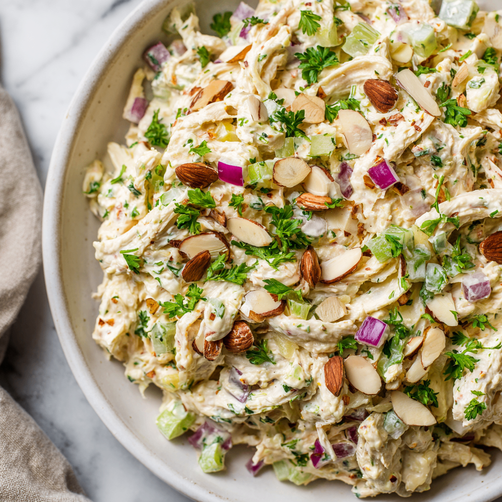 Creamy Cottage Cheese Chicken Salad served in a bowl, featuring shredded chicken, fresh vegetables, and garnished with herbs. Perfect for holiday gatherings!