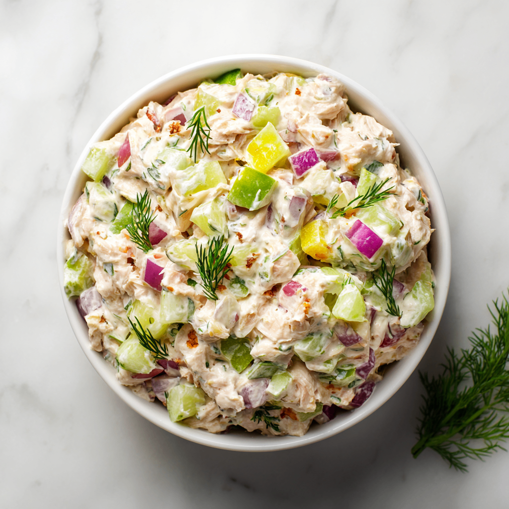 Creamy Cottage Cheese Tuna Salad served on a plate with fresh vegetables, a perfect healthy appetizer for gatherings.