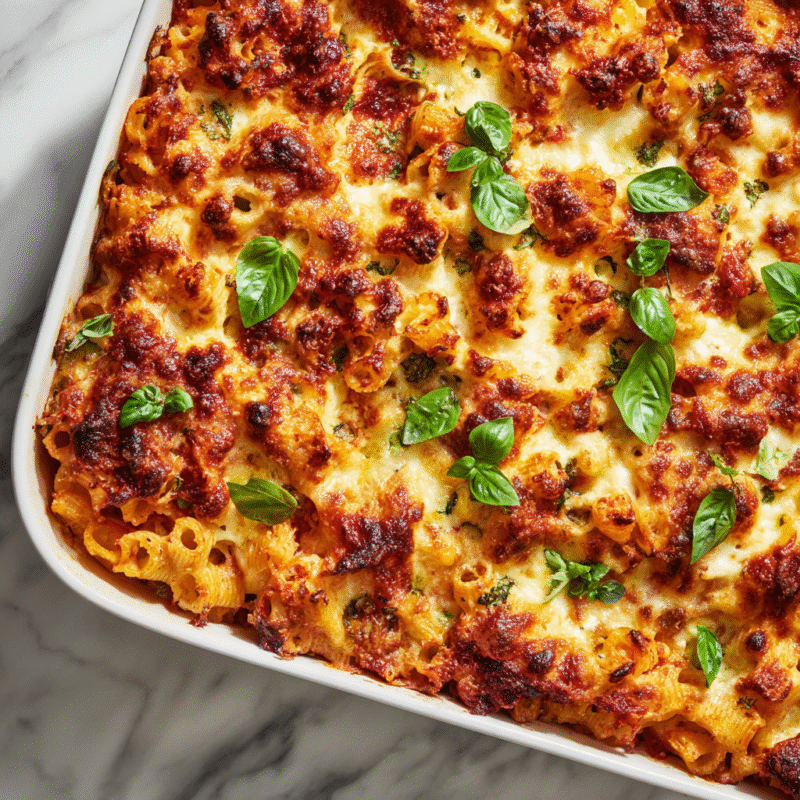 Creamy Stanley Tucci pasta casserole with melted cheese in a baking dish, perfect for holiday gatherings.