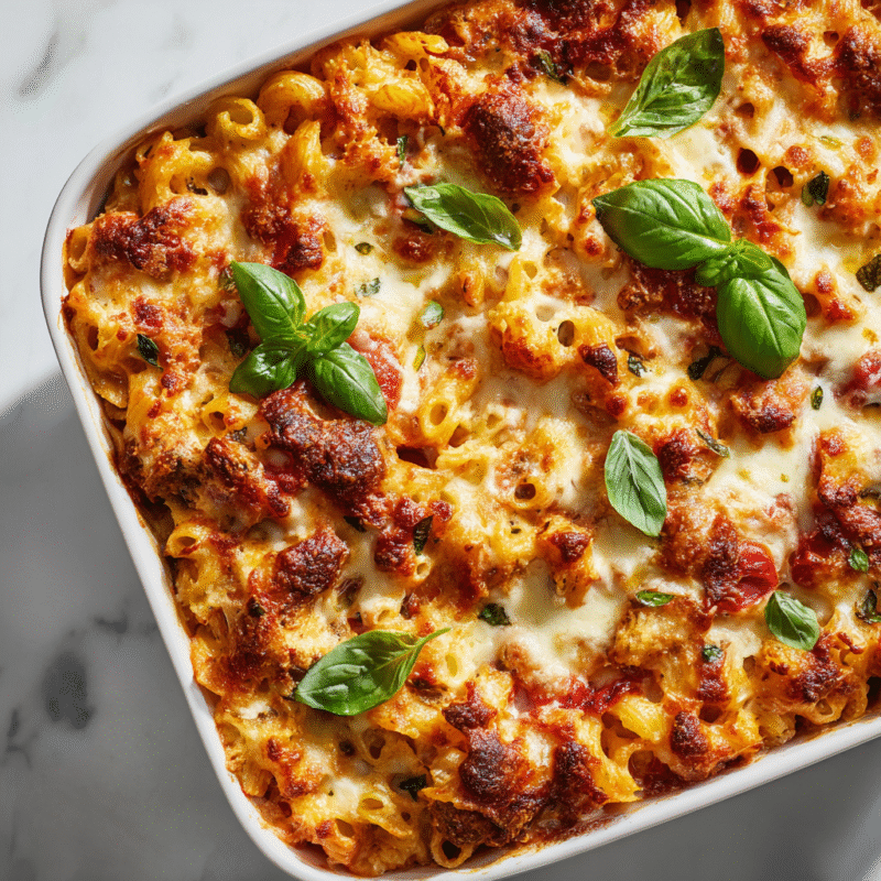 Creamy Stanley Tucci pasta casserole with melted cheese in a baking dish, perfect for holiday gatherings.
