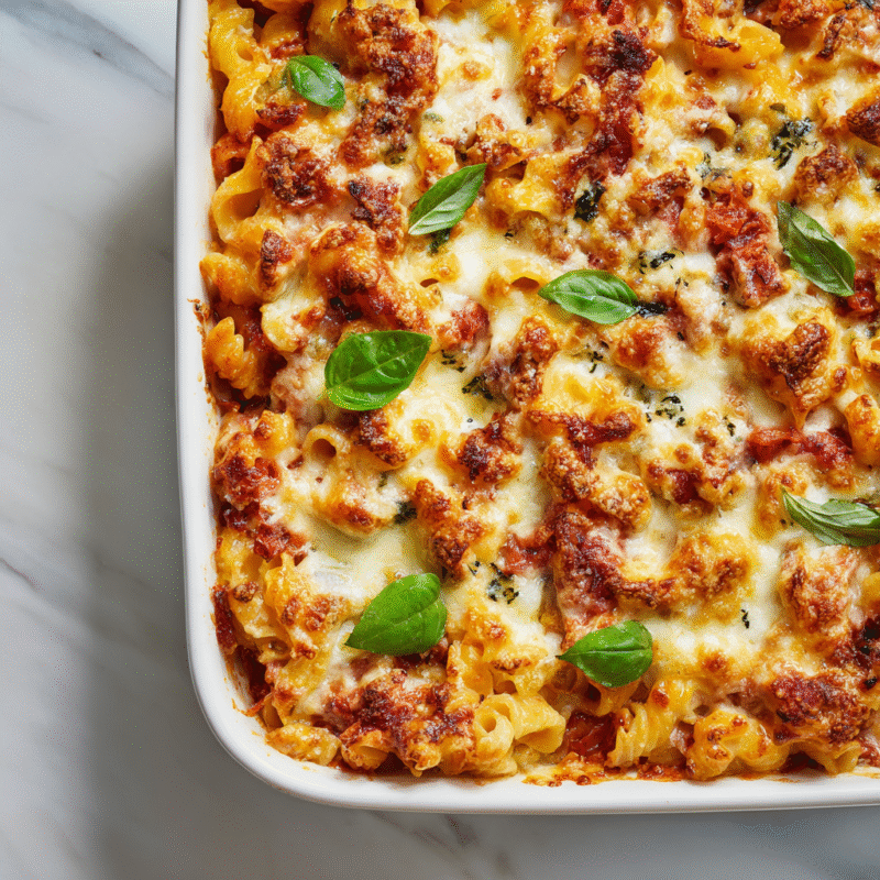 Creamy Stanley Tucci pasta casserole with melted cheese in a baking dish, perfect for holiday gatherings.