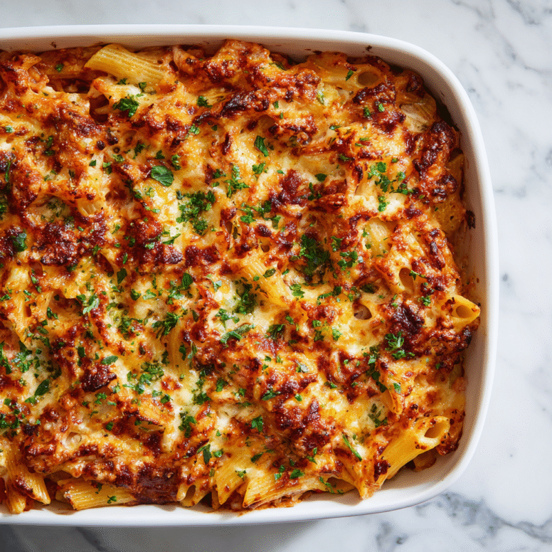 Creamy Stanley Tucci pasta casserole with melted cheese in a baking dish, perfect for holiday gatherings.