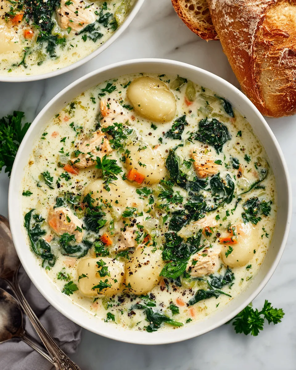 Creamy garlic chicken gnocchi soup with tender chicken and fresh herbs, perfect for fall.