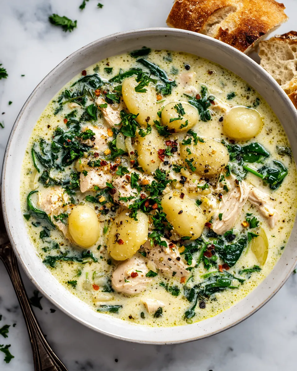 Creamy garlic chicken gnocchi soup with tender chicken and fresh herbs, perfect for fall.