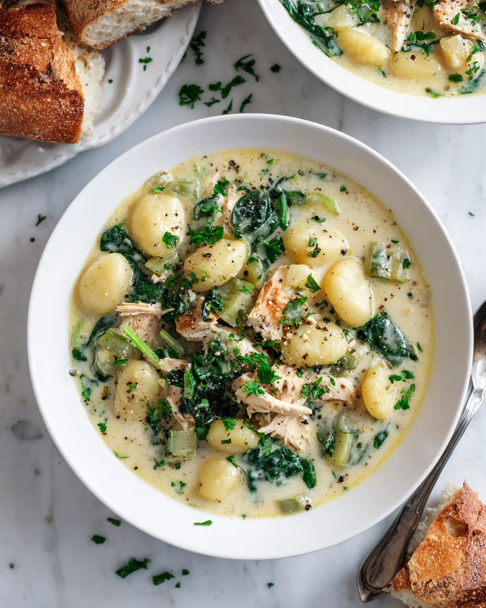 Creamy garlic chicken gnocchi soup with tender chicken and fresh herbs, perfect for fall.