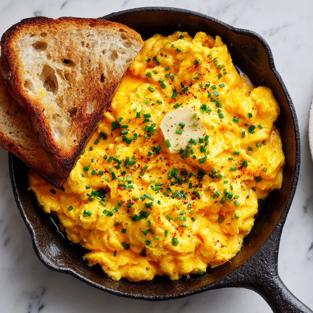 Creamy scrambled eggs served on a plate, ideal for breakfast or brunch, showcasing a rich texture and vibrant color.