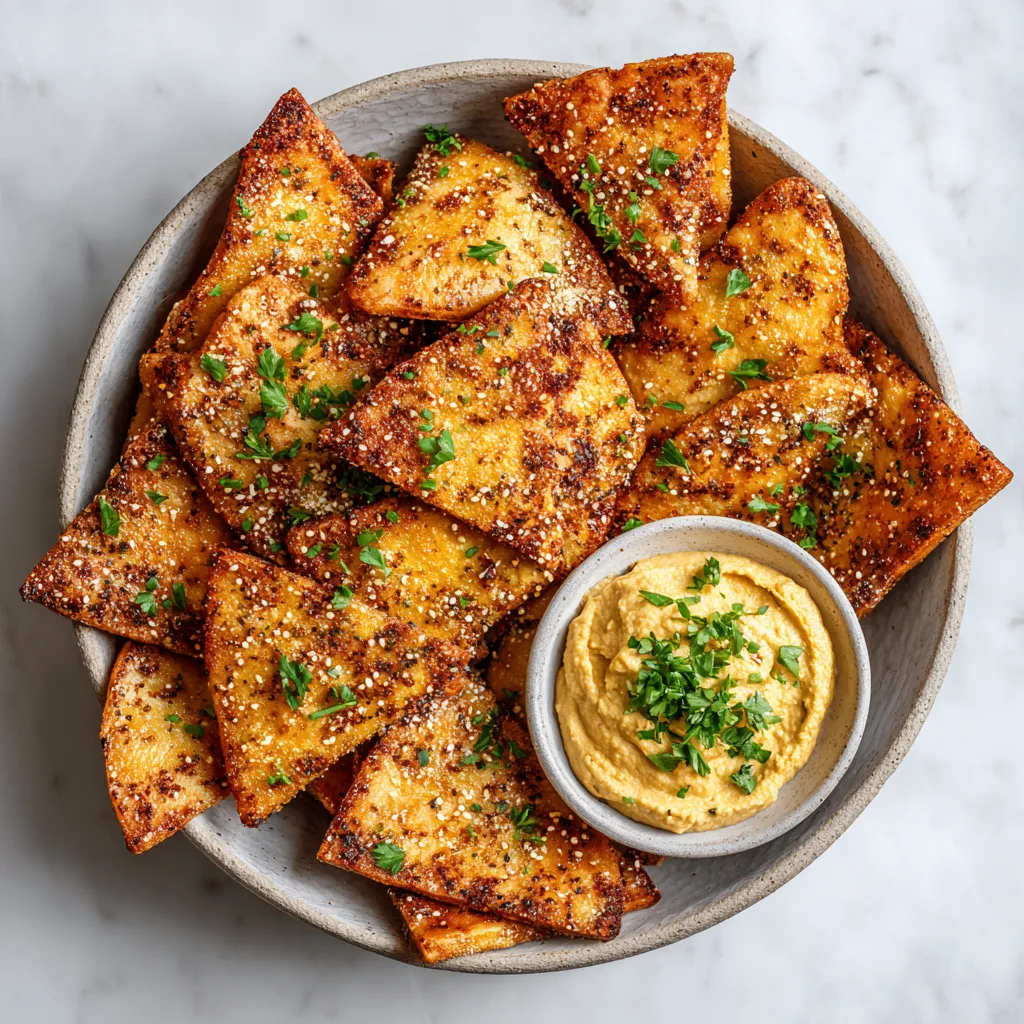 Crispy homemade pita chips, perfect for dipping and snacking, made with whole wheat, seasoning, and olive oil, baked to golden perfection