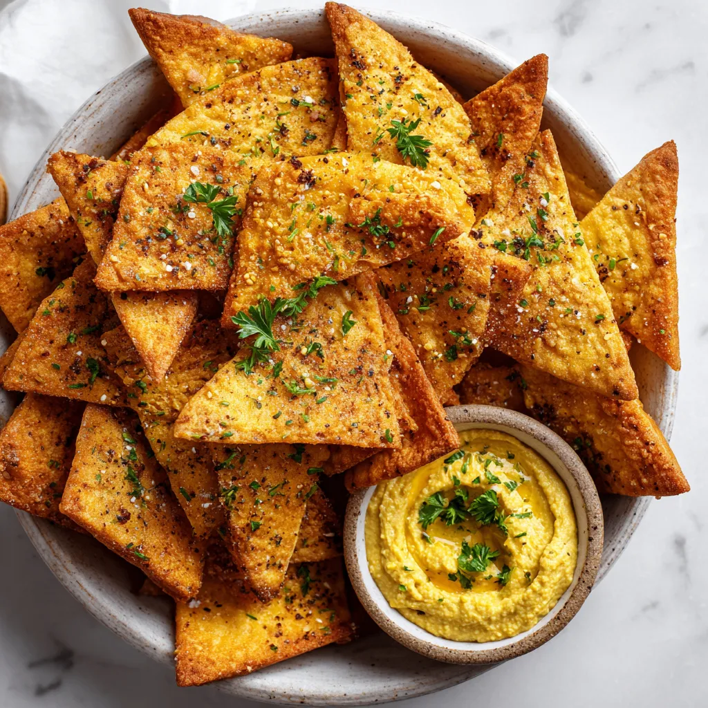 Crispy homemade pita chips, perfect for dipping and snacking, made with whole wheat, seasoning, and olive oil, baked to golden perfection