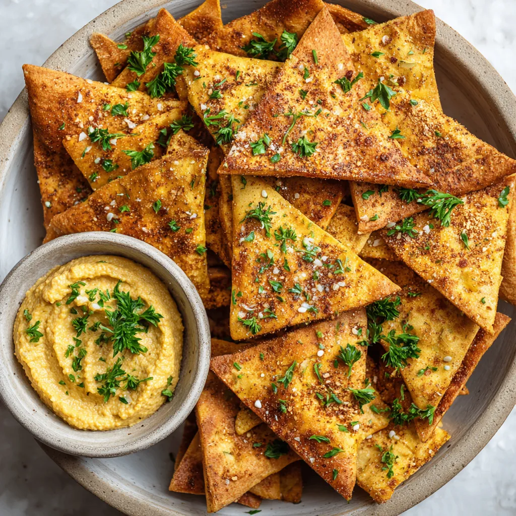 Crispy homemade pita chips, perfect for dipping and snacking, made with whole wheat, seasoning, and olive oil, baked to golden perfection