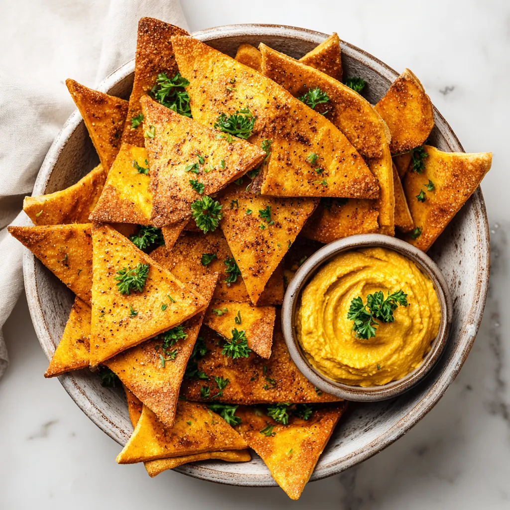 Crispy homemade pita chips, perfect for dipping and snacking, made with whole wheat, seasoning, and olive oil, baked to golden perfection