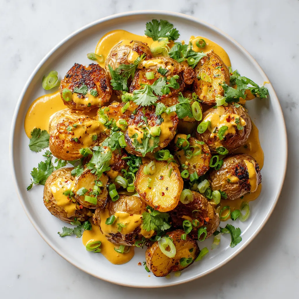 Crispy smashed Yukon Gold potatoes topped with creamy Thai curry sauce, perfect for holiday gatherings