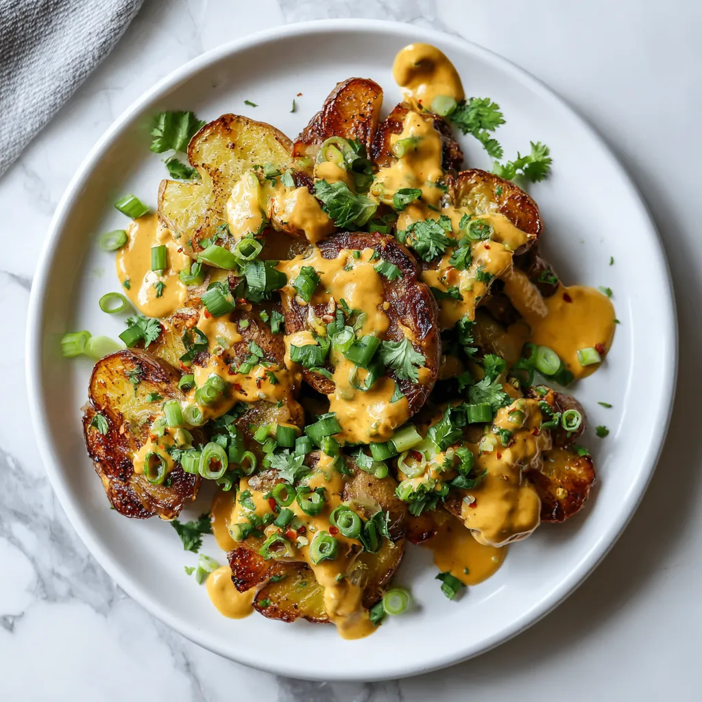 Crispy smashed Yukon Gold potatoes topped with creamy Thai curry sauce, perfect for holiday gatherings