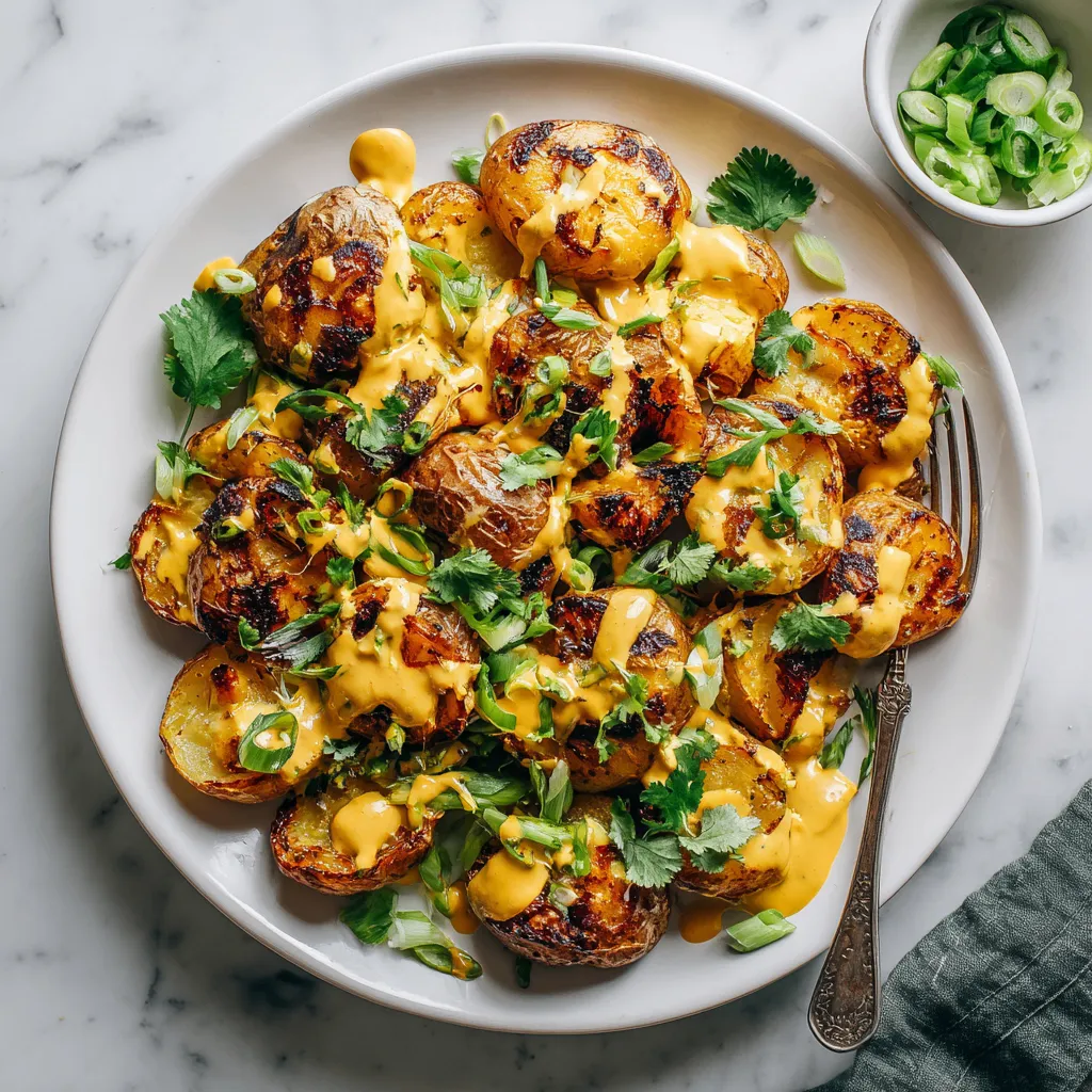 Crispy smashed Yukon Gold potatoes topped with creamy Thai curry sauce, perfect for holiday gatherings