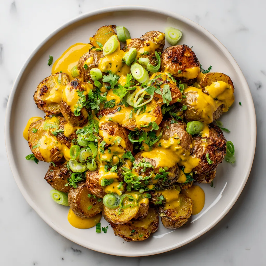 Crispy smashed Yukon Gold potatoes topped with creamy Thai curry sauce, perfect for holiday gatherings