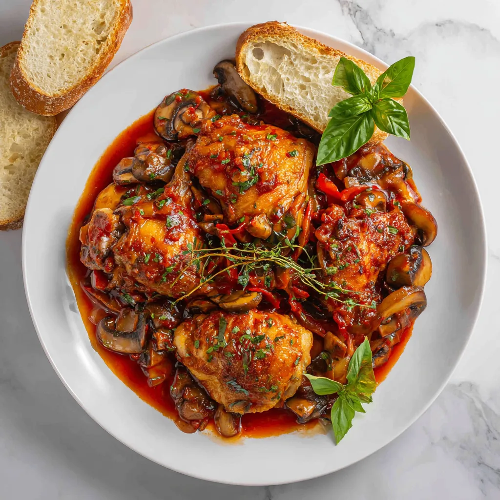 Delicious Chicken Cacciatore simmered in a rich tomato sauce, perfect for family gatherings during the holidays. Comforting Italian dish.
