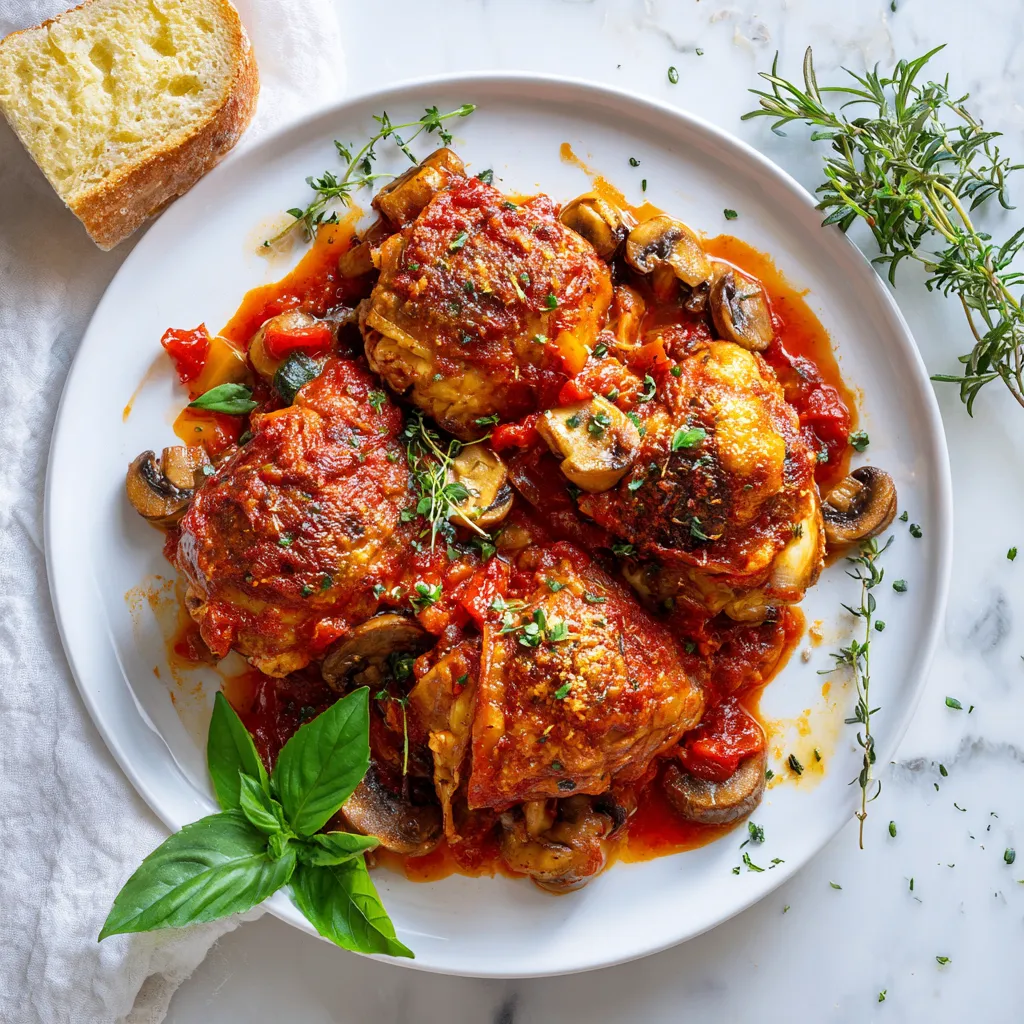 Delicious Chicken Cacciatore simmered in a rich tomato sauce, perfect for family gatherings during the holidays. Comforting Italian dish.