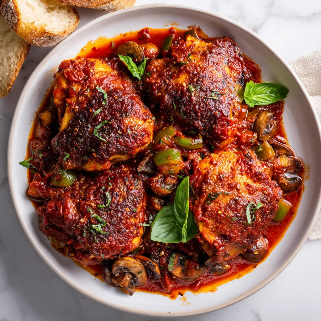 Delicious Chicken Cacciatore simmered in a rich tomato sauce, perfect for family gatherings during the holidays. Comforting Italian dish.