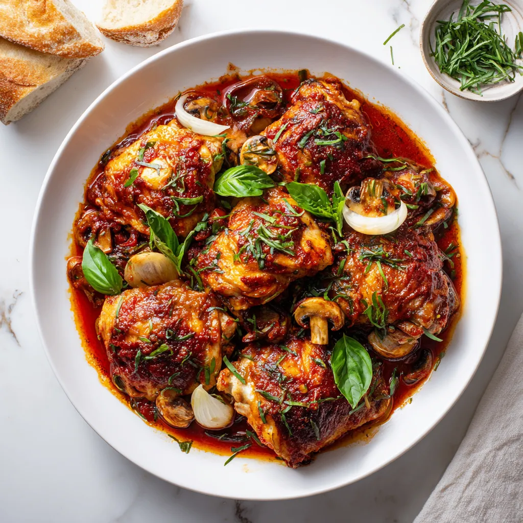 Delicious Chicken Cacciatore simmered in a rich tomato sauce, perfect for family gatherings during the holidays. Comforting Italian dish.