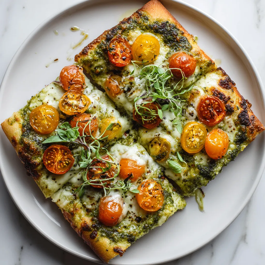 Delicious Pesto Pizza with mozzarella, cherry tomatoes, and basil, ready in 20 minutes, perfect for quick meals.