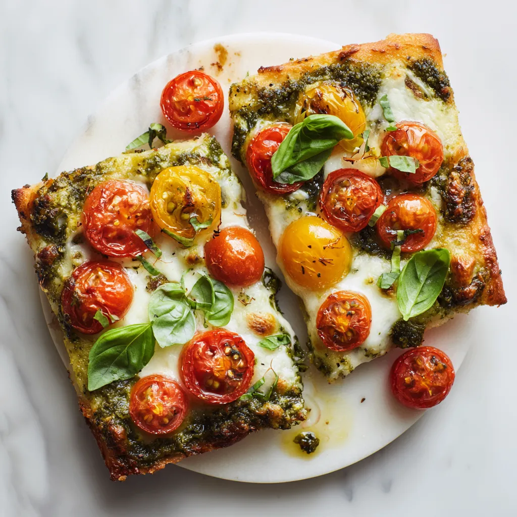 Delicious Pesto Pizza with mozzarella, cherry tomatoes, and basil, ready in 20 minutes, perfect for quick meals.