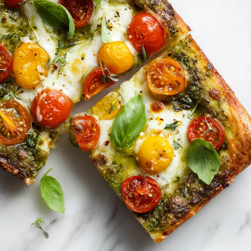 Delicious Pesto Pizza with mozzarella, cherry tomatoes, and basil, ready in 20 minutes, perfect for quick meals.
