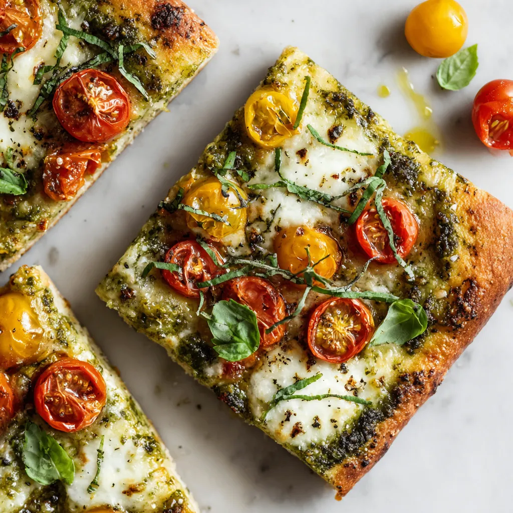Delicious Pesto Pizza with mozzarella, cherry tomatoes, and basil, ready in 20 minutes, perfect for quick meals.