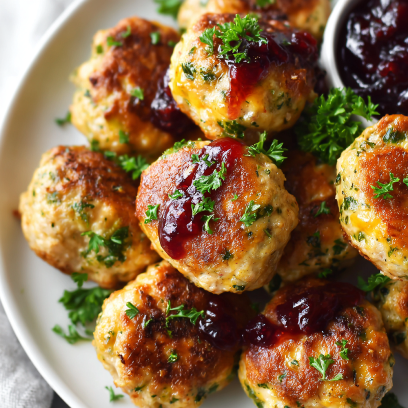 Delicious Thanksgiving Turkey Meatballs recipe made with ground turkey, cranberry sauce, and seasonal herbs for a festive holiday dish.