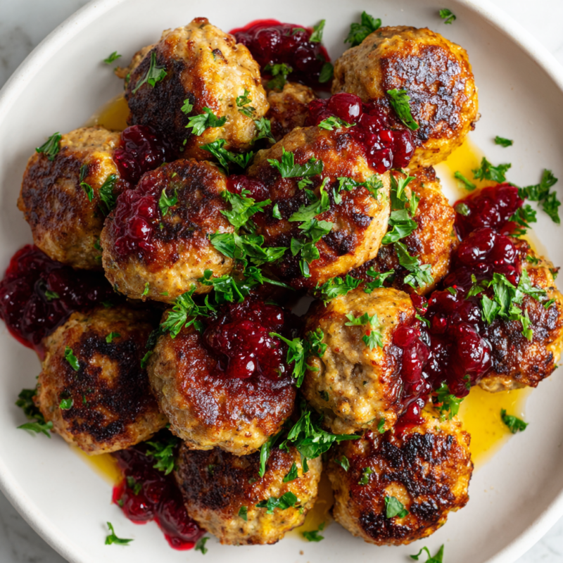 Delicious Thanksgiving Turkey Meatballs recipe made with ground turkey, cranberry sauce, and seasonal herbs for a festive holiday dish.