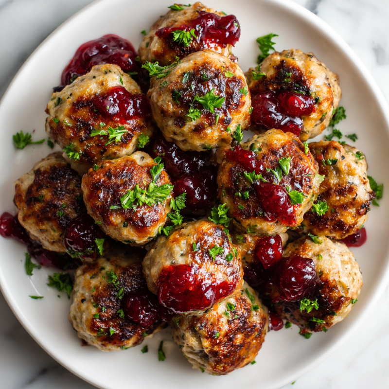 Delicious Thanksgiving Turkey Meatballs recipe made with ground turkey, cranberry sauce, and seasonal herbs for a festive holiday dish.